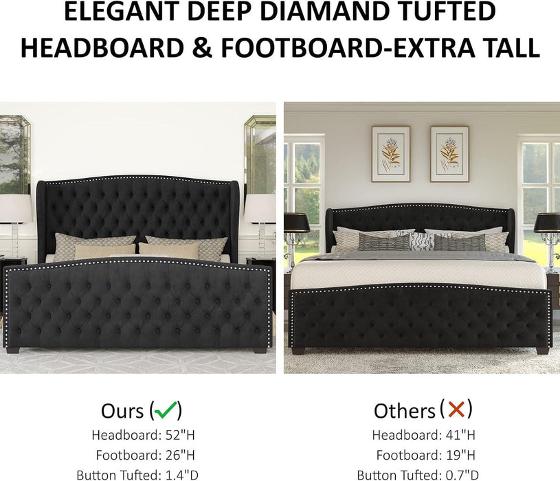 Queen Size Platform Bed Frame, Velvet Upholstered Bed with Deep Button Tufted & Nailhead Trim Wingback Headboard/No Box Spring Needed/Black
