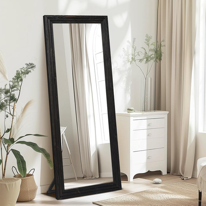 65"X22" Full Length Mirror Solid Wood Frame Floor Mirror with Stand for Living Room, Bedroom Hanging Standing or Leaning, Black