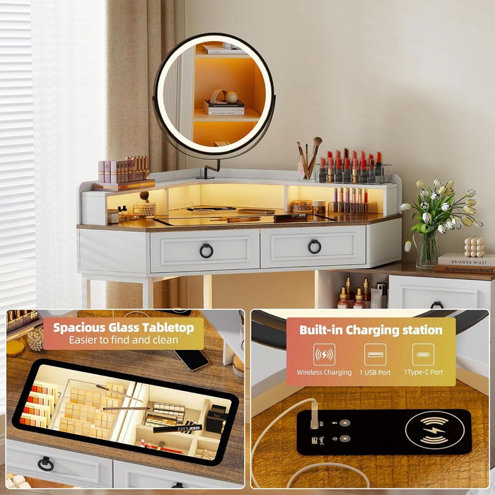 Corner Vanity Desk with Rotating Mirror and Lights,Glass Top Makeup Vanity with Human Body Senor&Charging Station,Led Vanity Table Set with 5 Drawers and Shelves for Bedroom