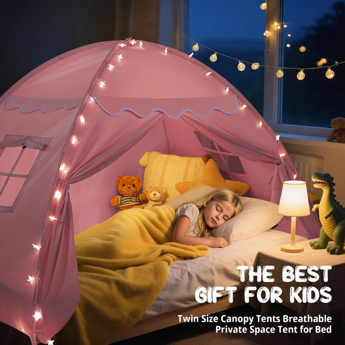 Toddler Bed Tent Canopy: Lights & Flags Indoor Floor Kids Play Tent Playhouse - Portable & Foldable Twin Bunk Bed Curtains - Twin Bed Tent for Girls Gifts (Pink)