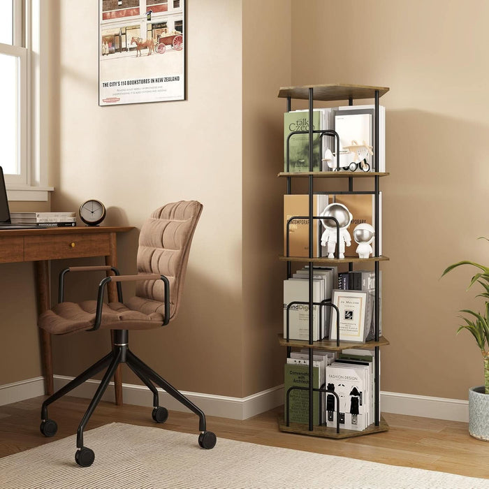 4 Tier Rotating Bookshelf Tower, Revolving 360 ° Spinning Bookcase, Hexagonal Corner Book Shelf Storage Carousel, Vertical Rotate Turning Organizer Book Shelves for Living Room Office Bedroom