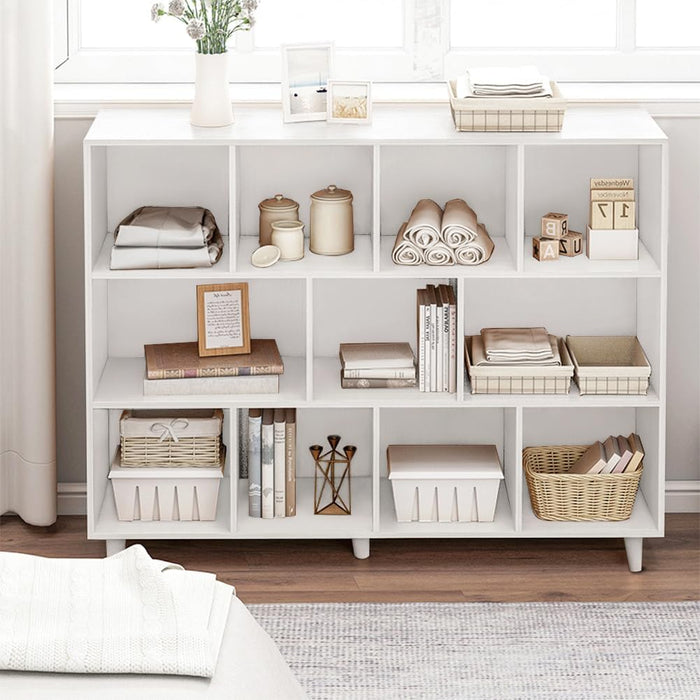 Open Cube Low Bookcase - 3-Tier Freestanding Storage Display Cabinet Organizer with Legs for Home Office, 11-Cubes Open Shelf Short Bookshelf, White