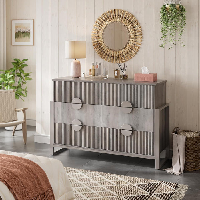 Modern Fluted Dresser for Bedroom, 50" W Solid Chest of Drawers, 6 Large Drawers 34" H Dresser with Great Depth Drawers-Semicylinder Drawer Front Design, Stable Raised Legs, Large Handles,Gray