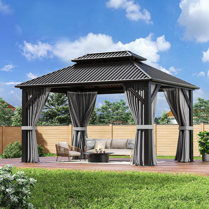 10'X12' Gazebo Hardtop Gazebo, Aluminum Frame Pergola with Double Galvanized Steel Roof, Permanent Outdoor Metal Canopy with Curtain & Netting for Patio, Backyard, Deck, Dark Grey
