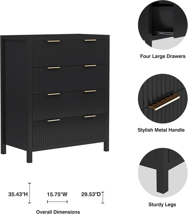4 Drawer Dressers for Bedroom, Modern Closet Chest of Drawers with Waveform Fluted Panel, Large Wood Storage Dresser Organizer for Nursery Bedroom Living Room Hallway Closet, Black