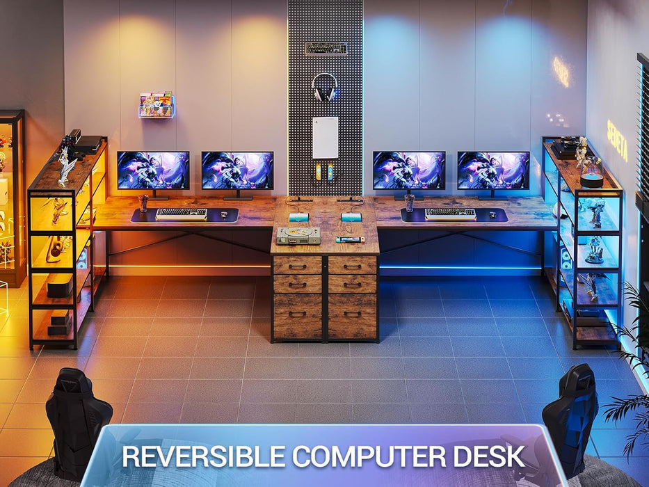 L Shaped Desk with Storage Shelves, 64.5" Reversible U Shaped Office Desk with 3 Fabric Drawers, Gaming Desk with Power Outlet & LED Strip for Home Office, Rustic Brown