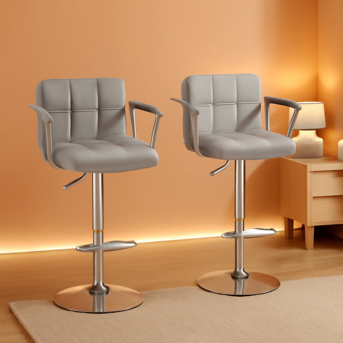 Bar Stools Set of 2,Armrest Adjustable Swivel Barstools with Back,Double Needle PU Leather Counter Height Bar Stools for Kitchen Island, Light Grey