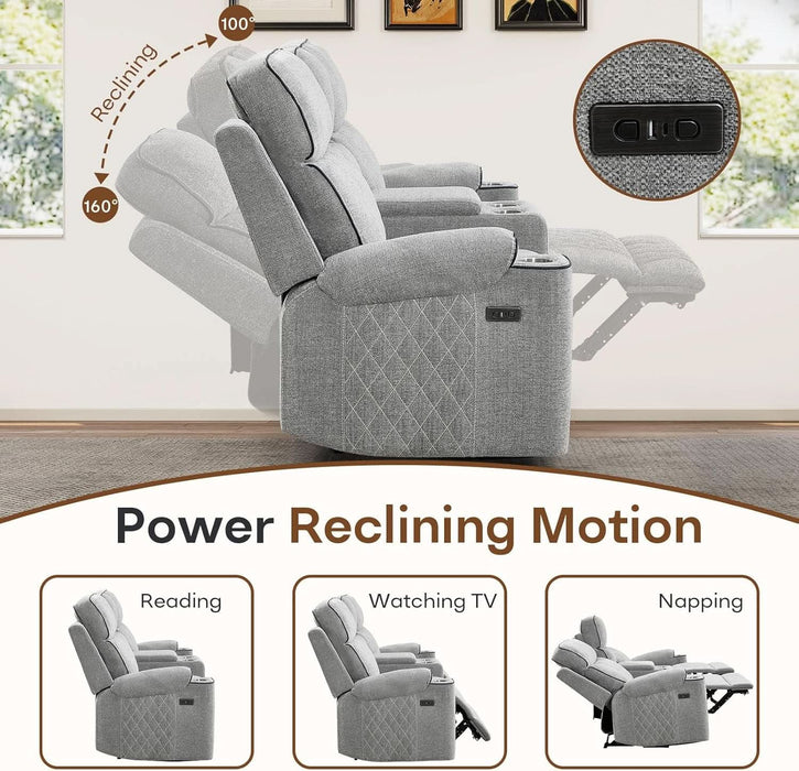 3-Piece Power Recliner Sofa Set with Charging Port, Include 2 Single Power Reclining Chairs and a 3-Seater Reclining Couch with Cup Holders for Living Room, Light Grey