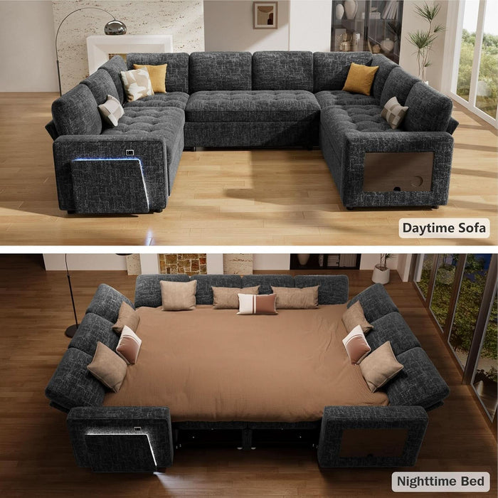 8 Seat U Shaped Modular Sectional Sleeper Sofa with Pull Out Bed/Reclining Backrest/Usb Ports/Table/Led Light/Storage Seat, Sectional Sleeper Couch, Tool-Free Assembly, Chenille Black