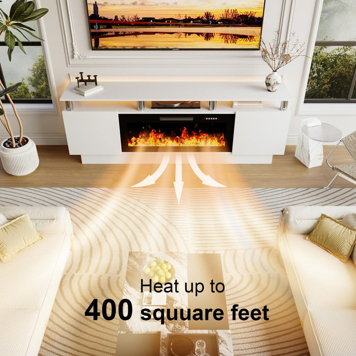 Fireplace TV Stand with 36" Fireplace, 2 Tier 70" LED Entertainment Center with Fireplace for Tvs up to 80", Modern Wood TV Media with Storage Cabinets for Living Room, White