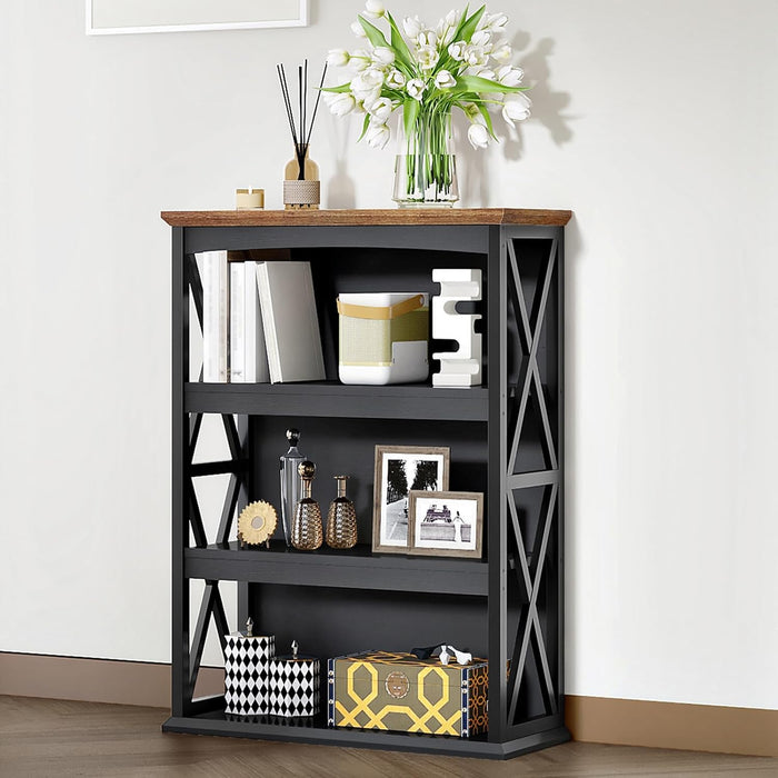 4-Tier Bookshelf, 42.9" Small Bookcase, Floor Standing Organizer Shelf, Corner Book Shelf, Metal Frame Bookshelves for Study, Bedroom, Living Room, Black and Walnut TSJ01BL