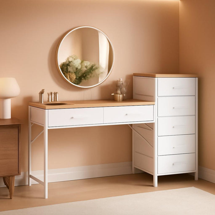 Vanity Desk with 7 Drawers, 55 Inch Makeup Vanity Table with Reversible Drawer for Women, Girls, White and Brown (Without Mirror)