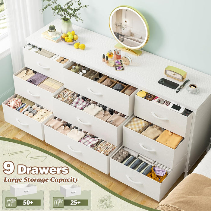Dresser TV Stand with 9 Drawers for 60'' TV Stand for Bedroom Long Dresser for Bedroom Wide Dressers & Chests of Drawers, Sturdy Metal Frame & Wood Top, Living Room, Closet, White