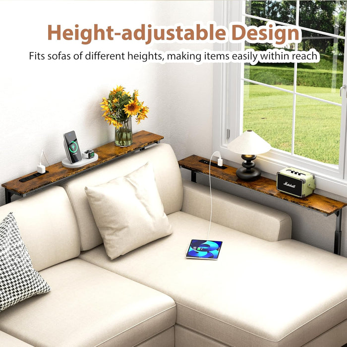 2 Pack Adjustable Height Narrow Console Table with Power Outlets, 90" Long Sofa Table with Charging Station behind Couch Table Entryway Table for Living Room and Hallway – Rustic Brown
