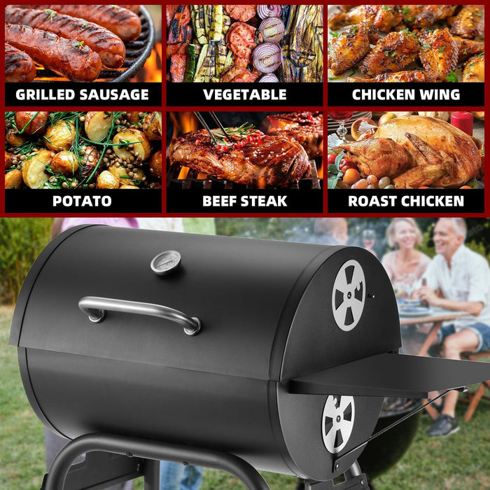 Charcoal Grill Outdoor BBQ Grill, Barrel Charcoal Grills with Side Table, with Nearly 500 Sq.In. Cooking Grid Area, Outdoor Backyard Camping Picnics, Patio and Parties, Black by