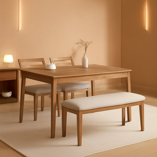 4-Piece Farmhouse Dining Set, Wooden Table with 2 Chairs, Bench Seat, Mid-Century Modern Wooden Table & Upholstered Chair Set for Home, Kitchen, Dining Room, Solidwood Legs