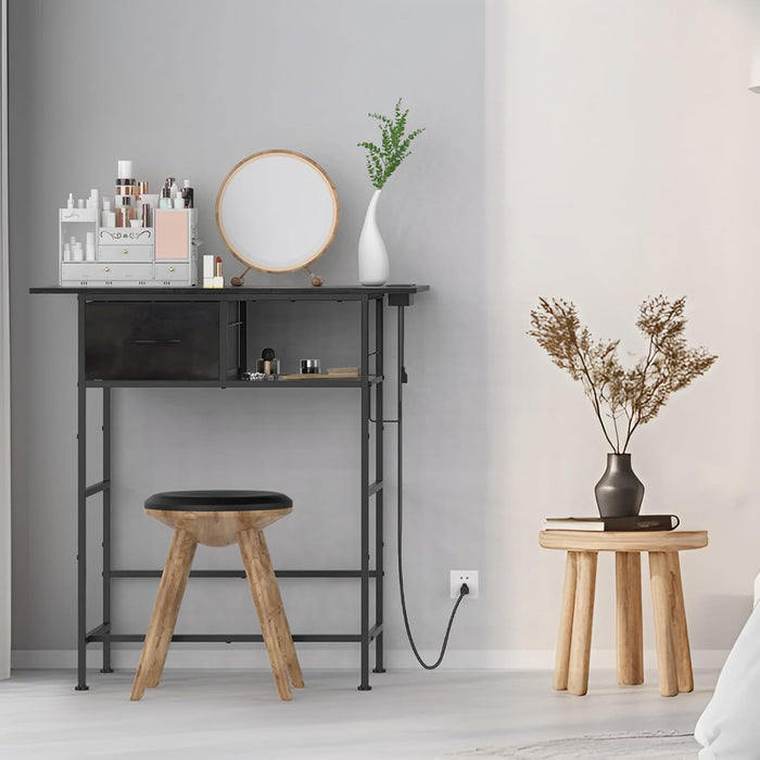 Vanity Desk without Mirror, Small Makeup Vanity Table with Fabric Drawers and Power Outlet, Compact Makeup Desk for Girls Bedroom and Small Space, Black