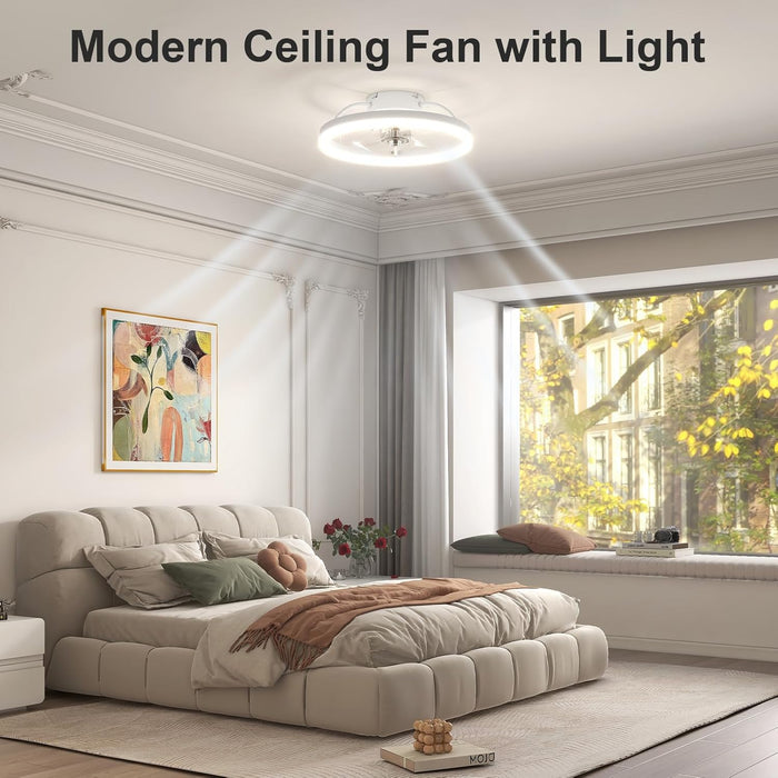 Low Profile Ceiling Fan with Lights and Remote, 15.7In Bladeless Ceiling Fans with Light Flush Mount, 3000K-6500K Dimmable Modern LED Fan Light, White Fandelier Ceiling Fans for Bedroom