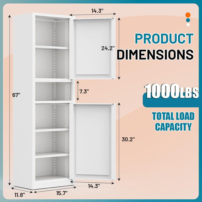67 Inches Tall Narrow White Adjustable StorageCabinet