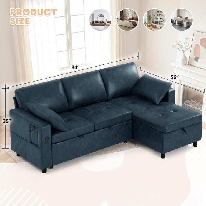 84” Suede Leather Pull-Out Sofa Bed W/Adjustable Back, Blue