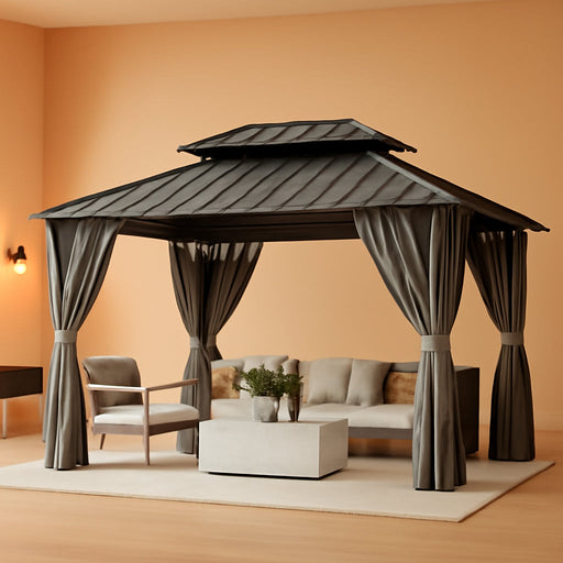12Ft X 16Ft Hardtop Gazebo, Aluminum Metal Outdoor Gazebo with Breathable Netting and Curtains, Galvanized Steel Double Top, Permanent Patio Pavilion for Backyard, Wedding, Party