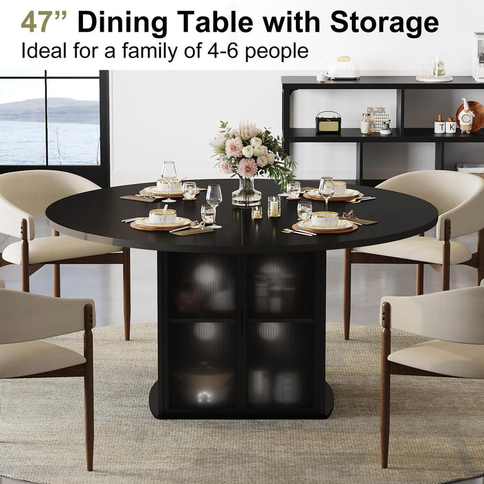Black round Dining Table for 4, 47 Inch Dining Room Table with Storage | Modern Kitchen Tables with Fridge Space, Industrial Wood Dinner Tables for Home Kitchen Living Room, Black Oak, Only Table