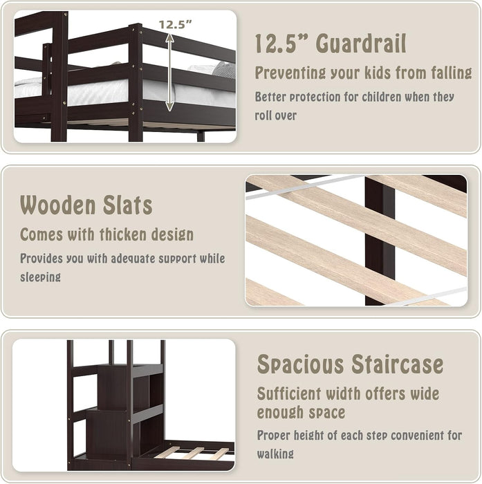 Espresso Solidwood Twin Bunk Bed With TrundleStorage