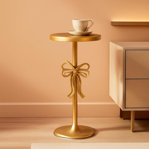 Gold Metal Martini Drink Table 9''X19.5'' Bow Pedestal Side Table round Martini End Desk Small Cocktail Drink Stand for Small Spaces Nightstand Bedroom Couch Chair Vintage Decor