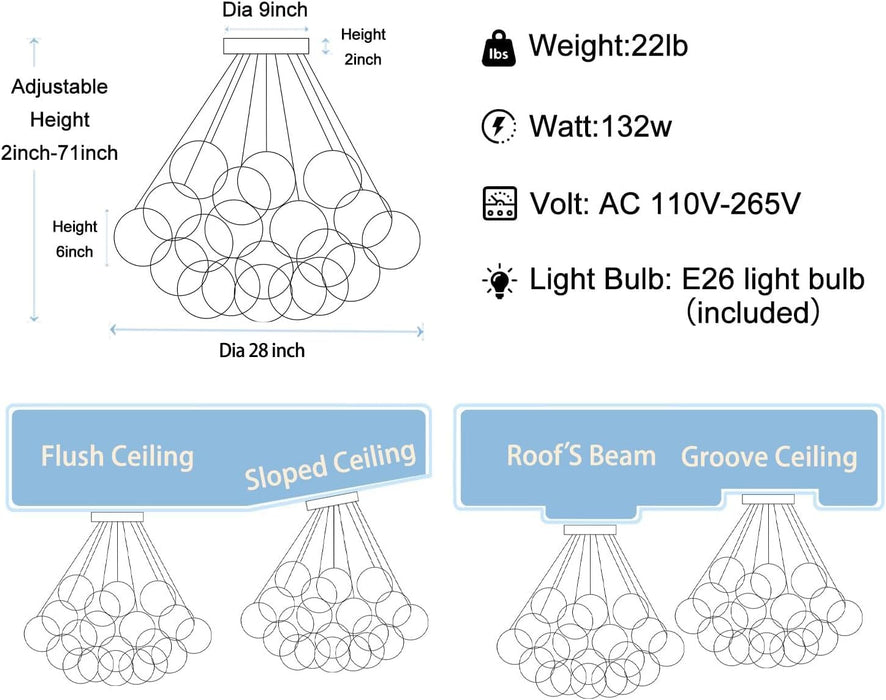 Modern Bubble Chandelier Lighting 19-Light Mid-Century White Glass Globe Chandeliers Cluster Pendant Light Gold Finish Hanging Lamp for Bedroom Living Room