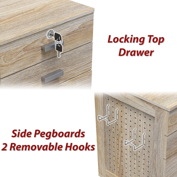 Box File Rolling Mobile Cabinet with Side Pegboard, Maple