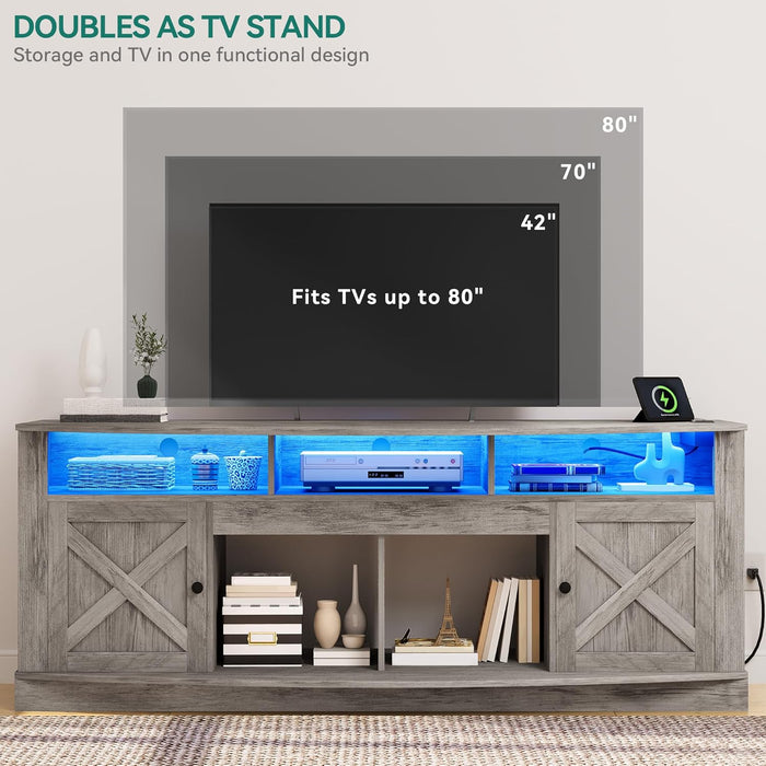 TV Stand for 75/80 Inch TV, Light Rustic Grey Entertainment Center 70 Inches Wide, Media Furniture TV Table with with Power Outlet, TV Consoles for Living Room, Curved Desktop