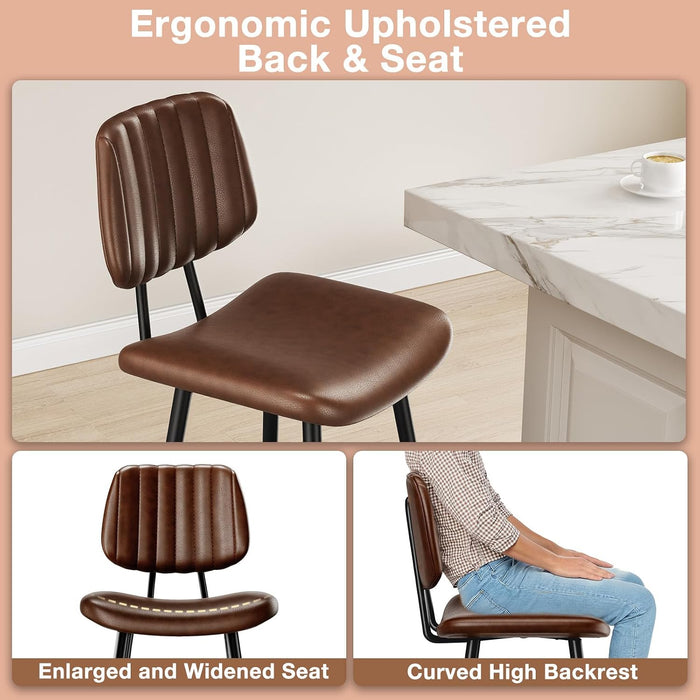 24-Inch Leather Bar Stools Set of 3 with High Backrest, Dark Brown