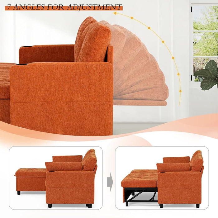 84Inches BrightOrange Chenille Pullout Sofa Bed USBPort