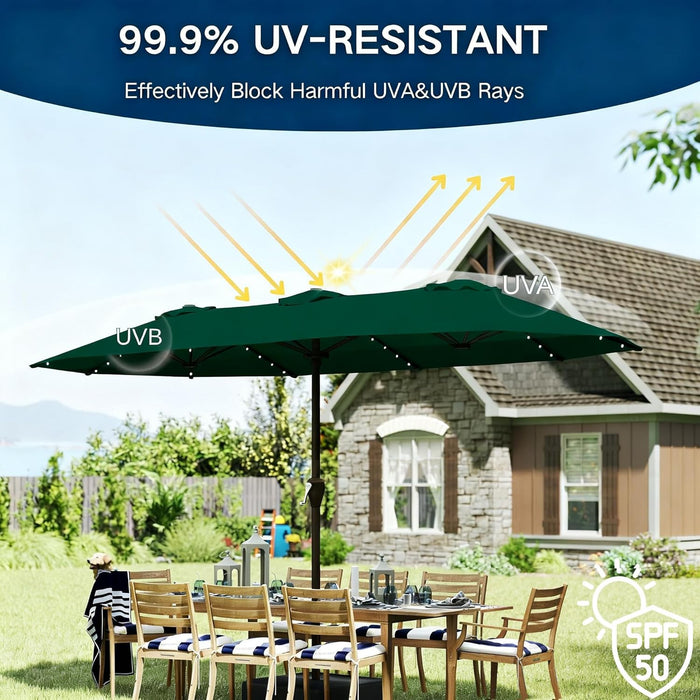 15Ft Large Patio Umbrella with Solar Lights and Base, Double-Sided Outdoor Rectangle Umbrella with 48 LED Lights, Market Table Umbrellas with UV Resistant Canopy