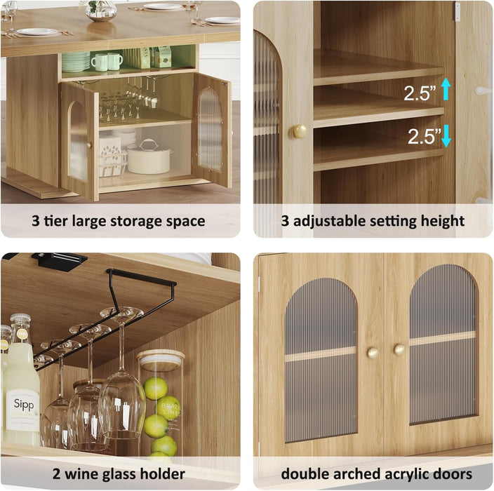 Dining Table for 4–6, 63 Inch Wood Farmhouse Kitchen Table with 3-Tier Storage Shelf and Acrylic Door Cabinet, Rectangular Modern Dining Room Dinner Table for Apartment Home Small Space, Light Oak