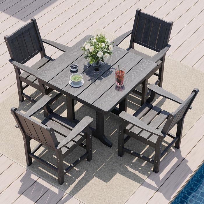 5 PCS Outdoor Dining Set, Spacious HDPE Outdoor Table and Chairs, Wood Grain Patio Furniture Sets with Elegant Armrest, All-Weather Patio Dining Table with Umbrella Hole, Gray