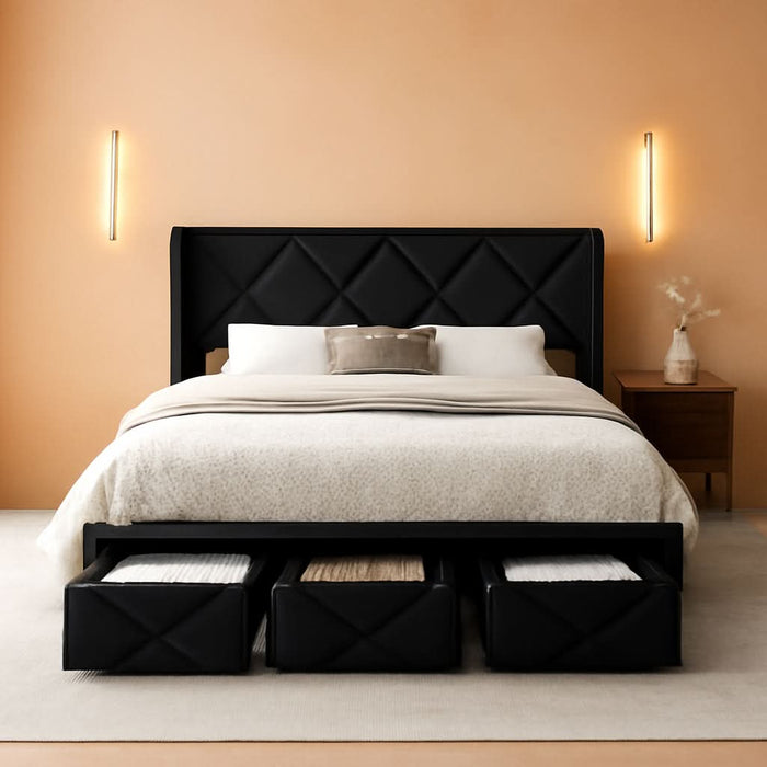 Full Size Bed Frame with 4 Storage Drawers, Upholstered Platform Bed with Charging Station, Wingback Storage Headboard, Wooden Slats Support, No Box Spring Needed, Easy-Assembly, Black