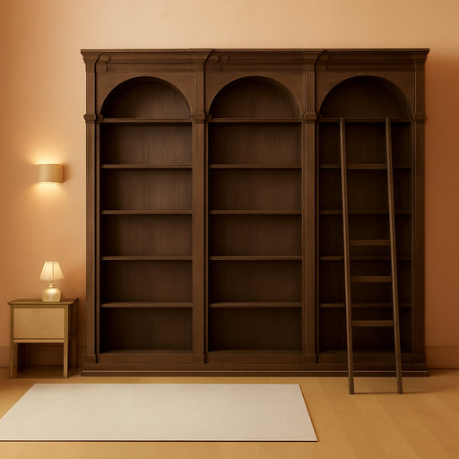 Traditional 8' Tall Wood Bookcase Wall with Ladder Office Bookcase Brown