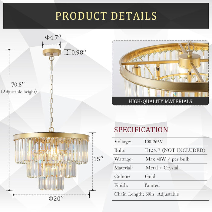 20" Modern Crystal Chandeliers,7 Lights Gold round Light Fixture