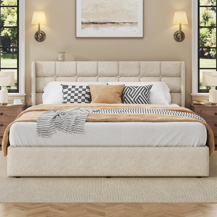 King Size Lift up Storage Bed Frame, Linen Upholstered Platform Bed with Wingback Headboard, Heavy Duty Hydraulic Gas Lift Underbed Space, Reinforced Full Metal Slats, Noise Free, Beige