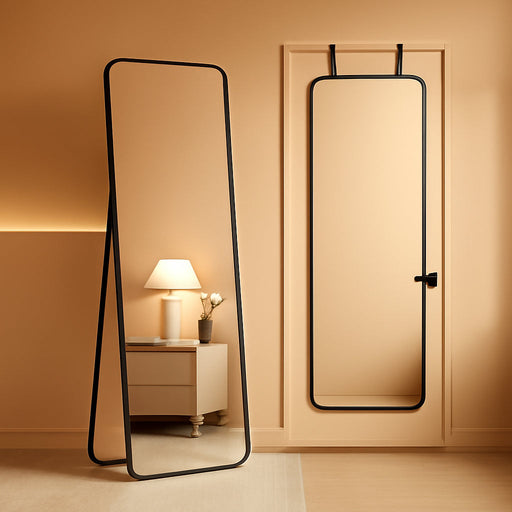 57X20 Door Hanging Full Length Mirror, Floor (Height 5.7Ft Just Body in 1.3Ft) or Wall Mounted Metal Frame Rectangle Dressing Mirrors for Bedroom Bathroom Living Room 57 Inch Black
