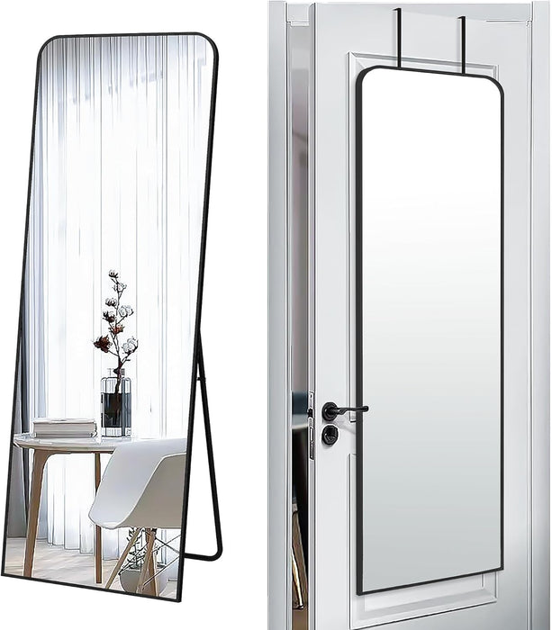 57X20 Door Hanging Full Length Mirror, Floor (Height 5.7Ft Just Body in 1.3Ft) or Wall Mounted Metal Frame Rectangle Dressing Mirrors for Bedroom Bathroom Living Room 57 Inch Black