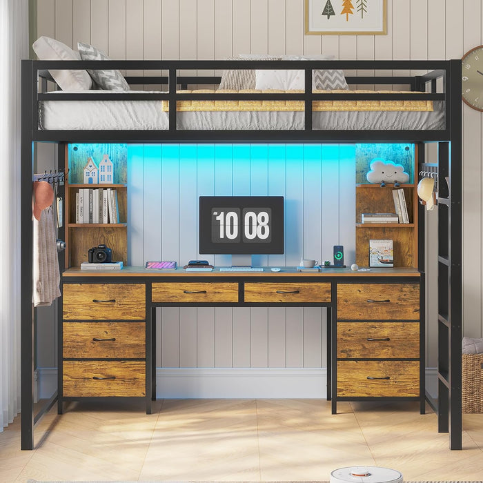 Full Size Loft Bed with Desk and 8 Storage Drawers, Metal Loft Beds Full with LED Lights & Charging Sation, Heavy Duty Loft Bed Frame with 6 Storage Shelves, Space-Saving, Rustic Brown