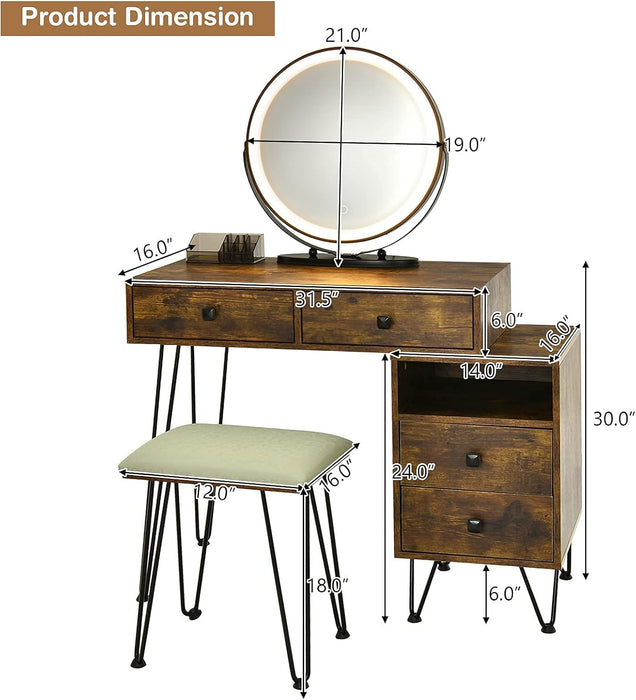 Vanity Desk with Reversible Side Cabinet, Makeup Vanity Table with Lighted Mirror, 3 Color Lights, 4 Drawers, Bedroom Dressing Table with Nightstand and Stool, Rustic Brown