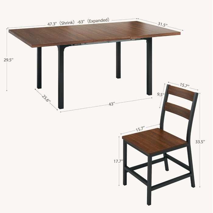 7-Piece Dining Table Set for 4-6, 63" Large Extendable Kitchen Table Set with 6 Chairs, Curved Backrest, Dining Room Table with Solid Metal Frame & MDF Board, Easy Assembly, Walnut