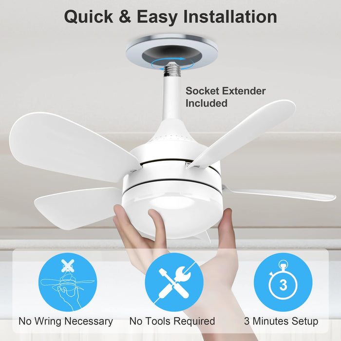 Socket Fan Light 18",  LED Ceiling Fans with Lights and Remote, 2000 Lumens, 3000K-6500K Dimmable, 5 Blades, White