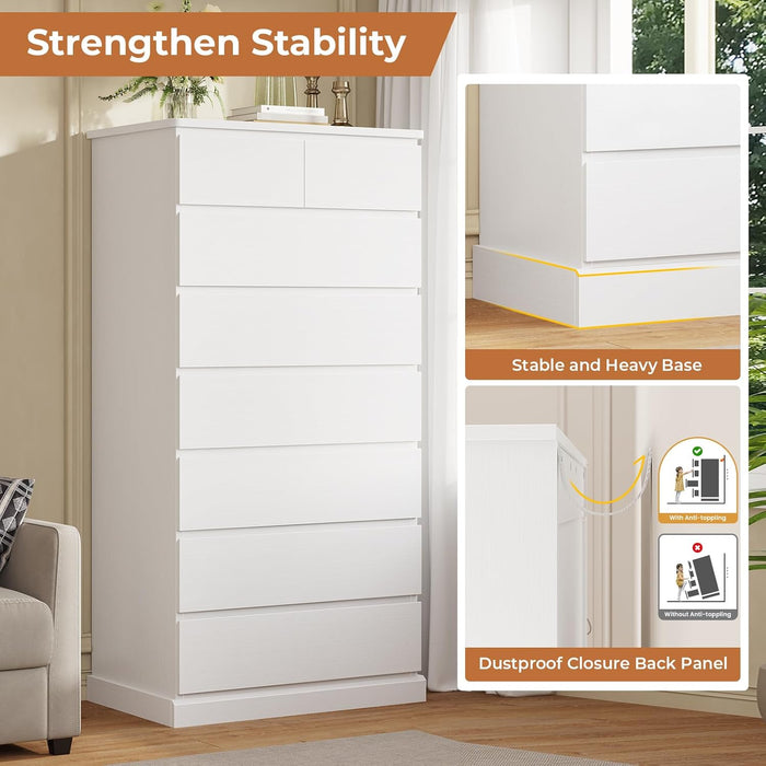 White Tall Dresser for Bedroom with 8 Drawers, 59.6" Tall Dressers & Chests of Drawers, Modern Wood Closet Organizer and Storage Cabinet, Large Vertical Dresser for Bedroom, Closet, Hallway