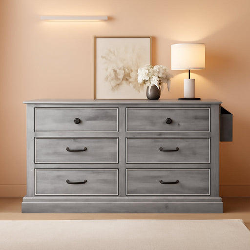 Farmhouse 6 Drawers Dresser, 59" Wide Wood Rustic Chest of Drawers with Nice Texture, Vintage Design, Storage Dressers Organizer for Living Room, Hallway, Grey