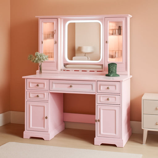 Vanity Desk with Mirror & Lights, Makeup Vanity with Power Outlet & USB Ports, Farmhouse Dressing Table, 6 Drawers & 4 Storage Cabinets, RGB Cabinet Lighting, 3-Color Dimmable Mirror