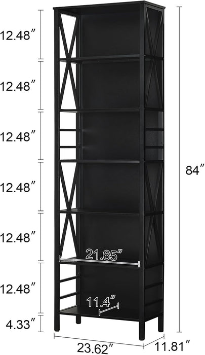 Bookshelf, 7-Tier Bookshelf, Rustic Wood Metal Bookshelves and Bookcases, Freestanding Open Bookshelf, Industrial Tall Bookcase for Home Office, Living Room and Bedroom, Black